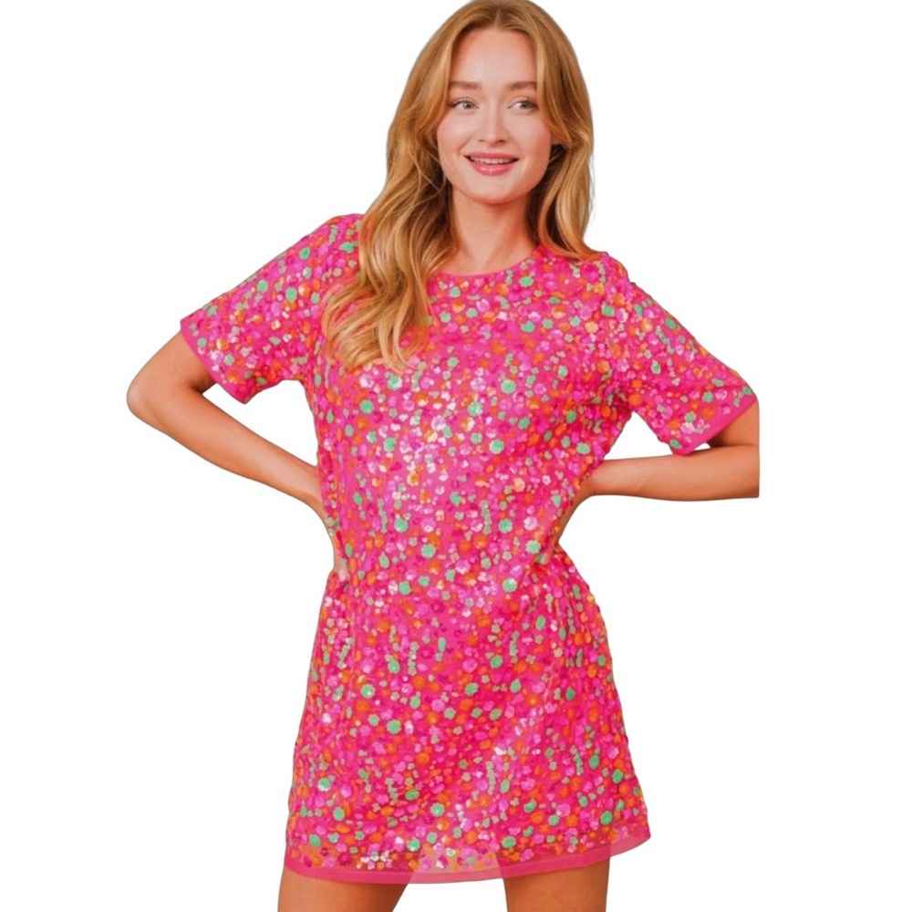 NEW blue b Hot Pink Orange Green Allover Flower Shaped Sequin Tulle Mini Dress S - Picture 3 of 5
